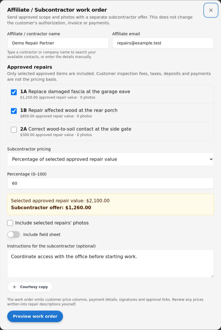 Subcontractor work-order form with fictional approved repairs selected