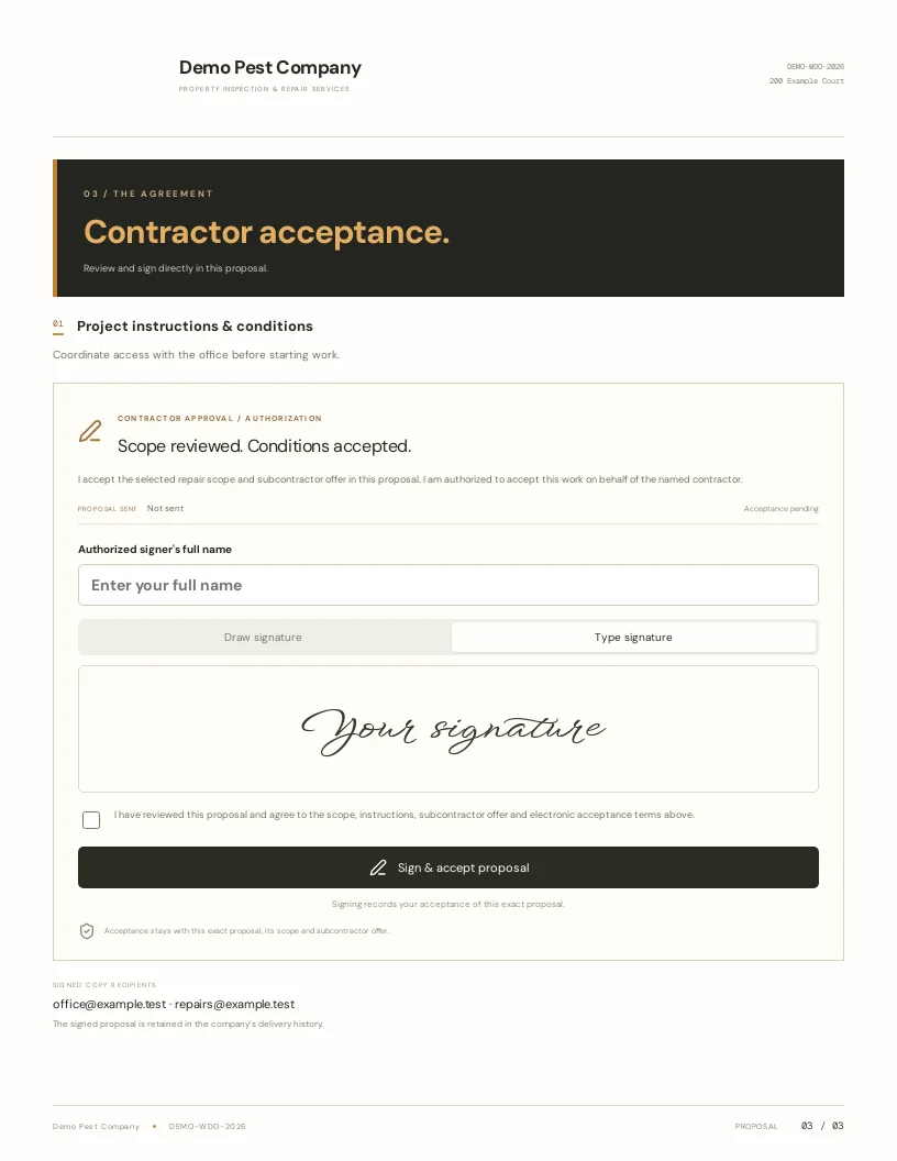 Typed electronic acceptance within the subcontractor proposal