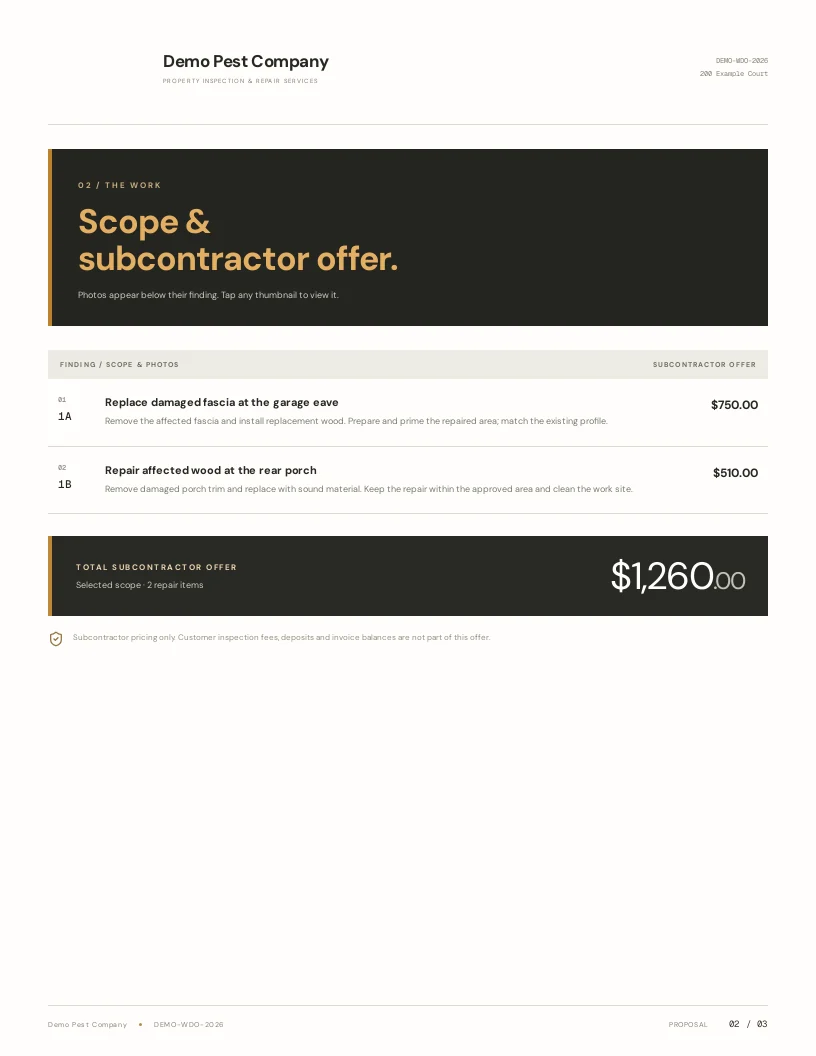 Company-branded subcontractor proposal with repair scope and offer